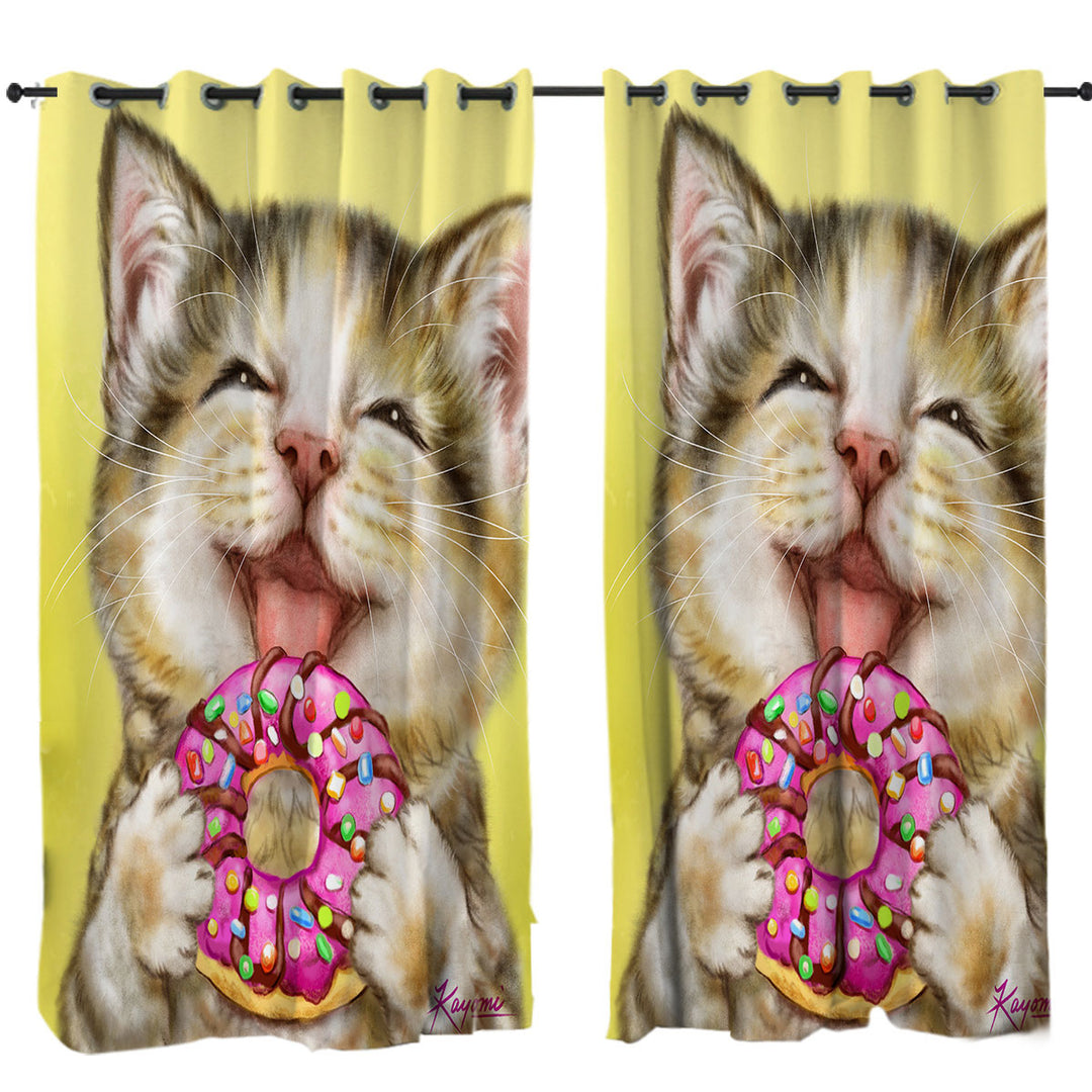 Funny Cats Happy Tabby Kitten Eating Doughnut Curtains