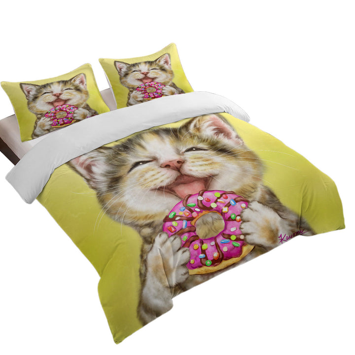 Funny Cats Happy Tabby Kitten Eating Doughnut Donna Covers