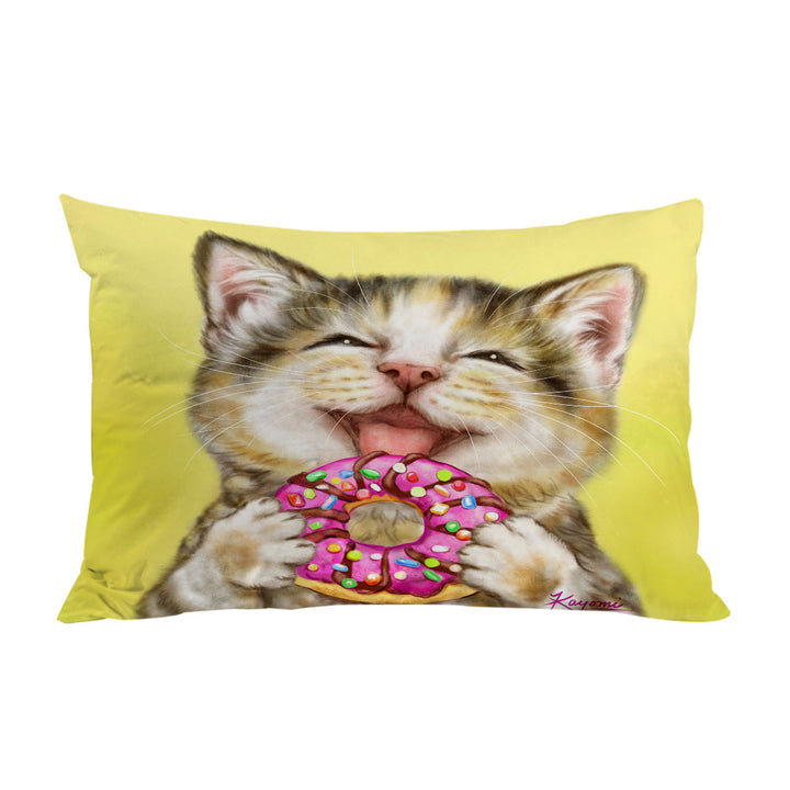 Funny Cats Happy Tabby Kitten Eating Doughnut King Pillow Cases