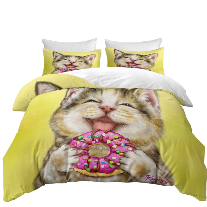 Funny Cats Happy Tabby Kitten Eating Doughnut Quilt Cover