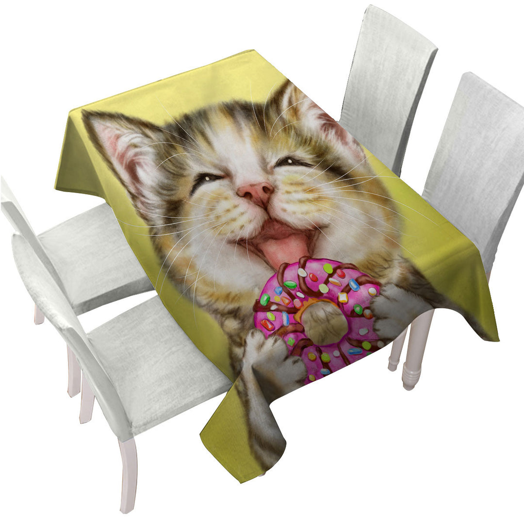 Funny Cats Happy Tabby Kitten Eating Doughnut Tablecloth