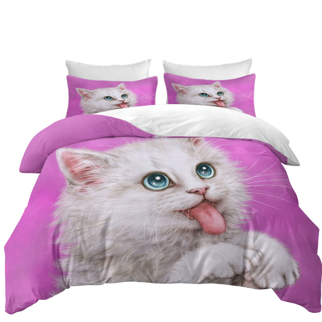 Funny Cats Hungry White Kitty Cat over Pink Comforter Cover