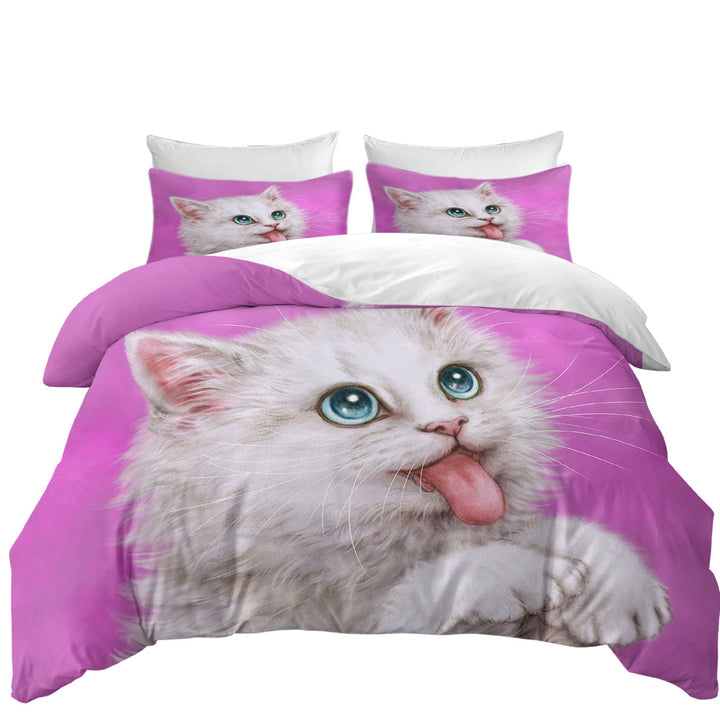 Funny Cats Hungry White Kitty Cat over Pink Comforter Cover