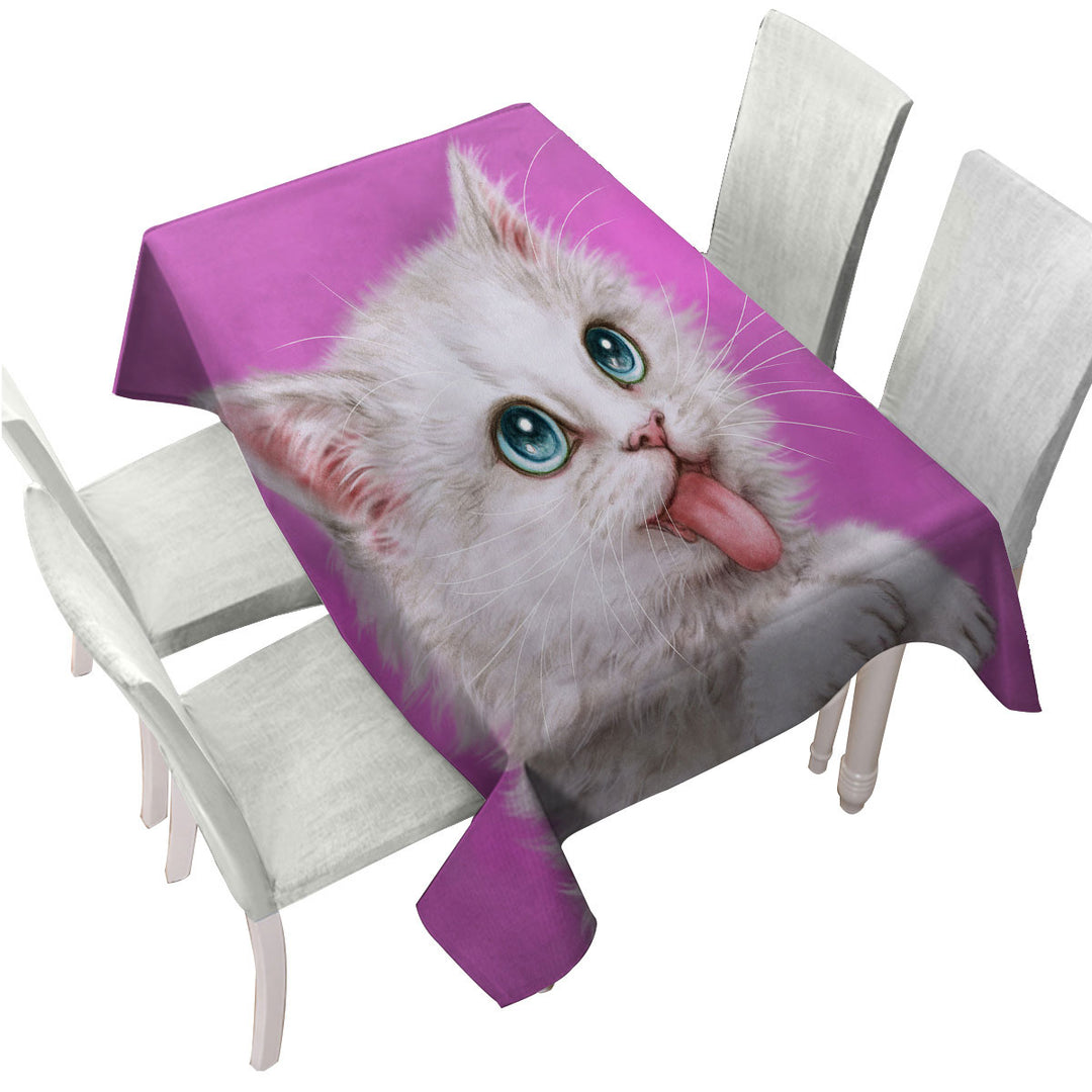 Funny Cats Hungry White Kitty Cat over Pink Custom table cloth