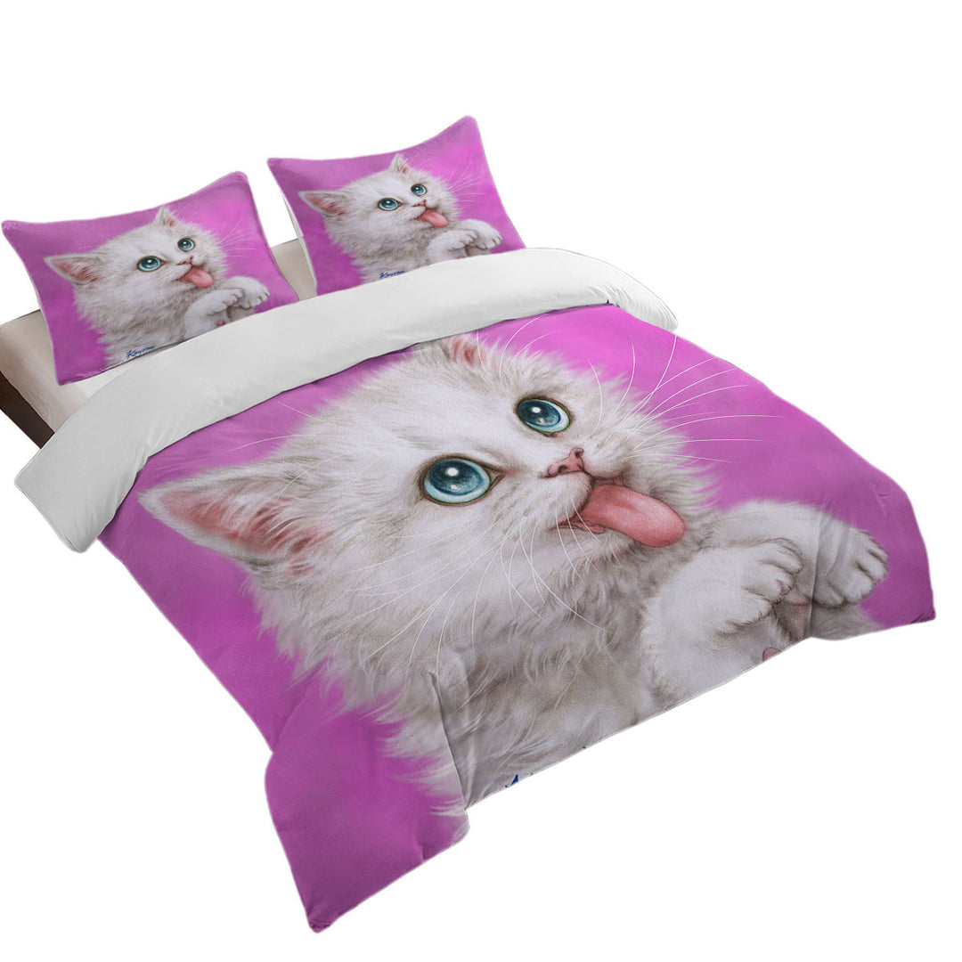 Funny Cats Hungry White Kitty Cat over Pink Duvet Cover
