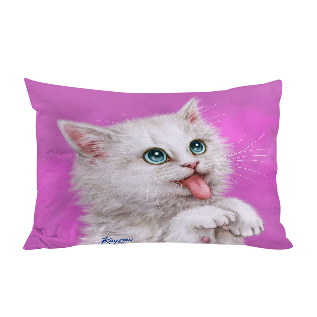 Funny Cats Hungry White Kitty Cat over Pink Pillowcase