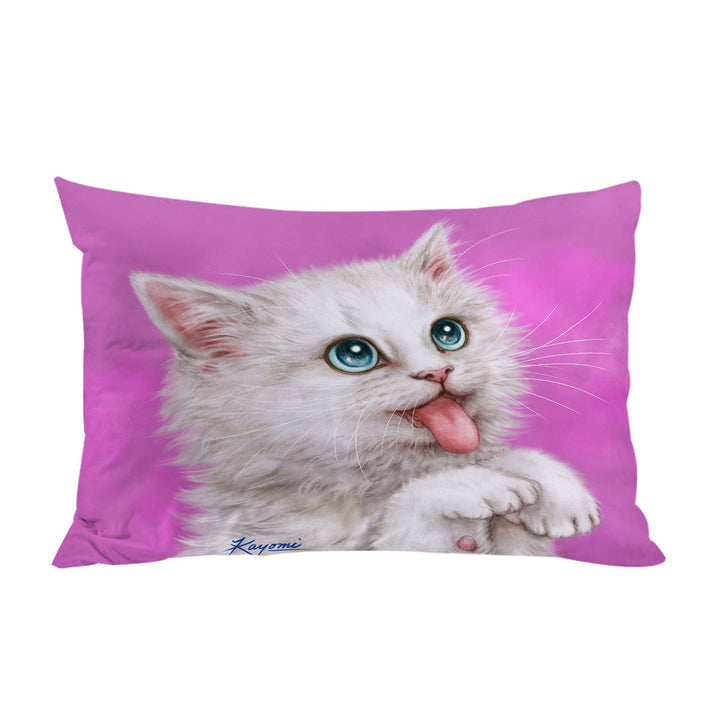 Funny Cats Hungry White Kitty Cat over Pink Pillowcase