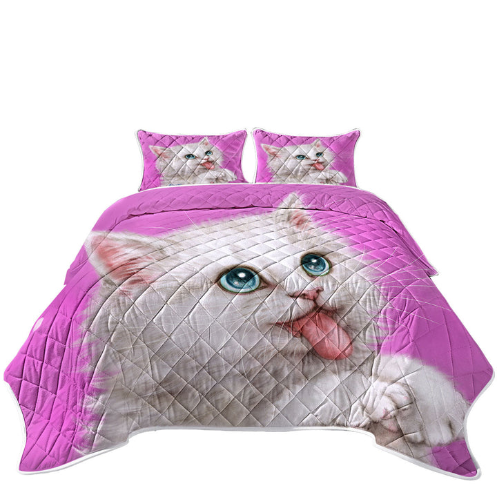 Funny Cats Hungry White Kitty Cat over Pink Quilts
