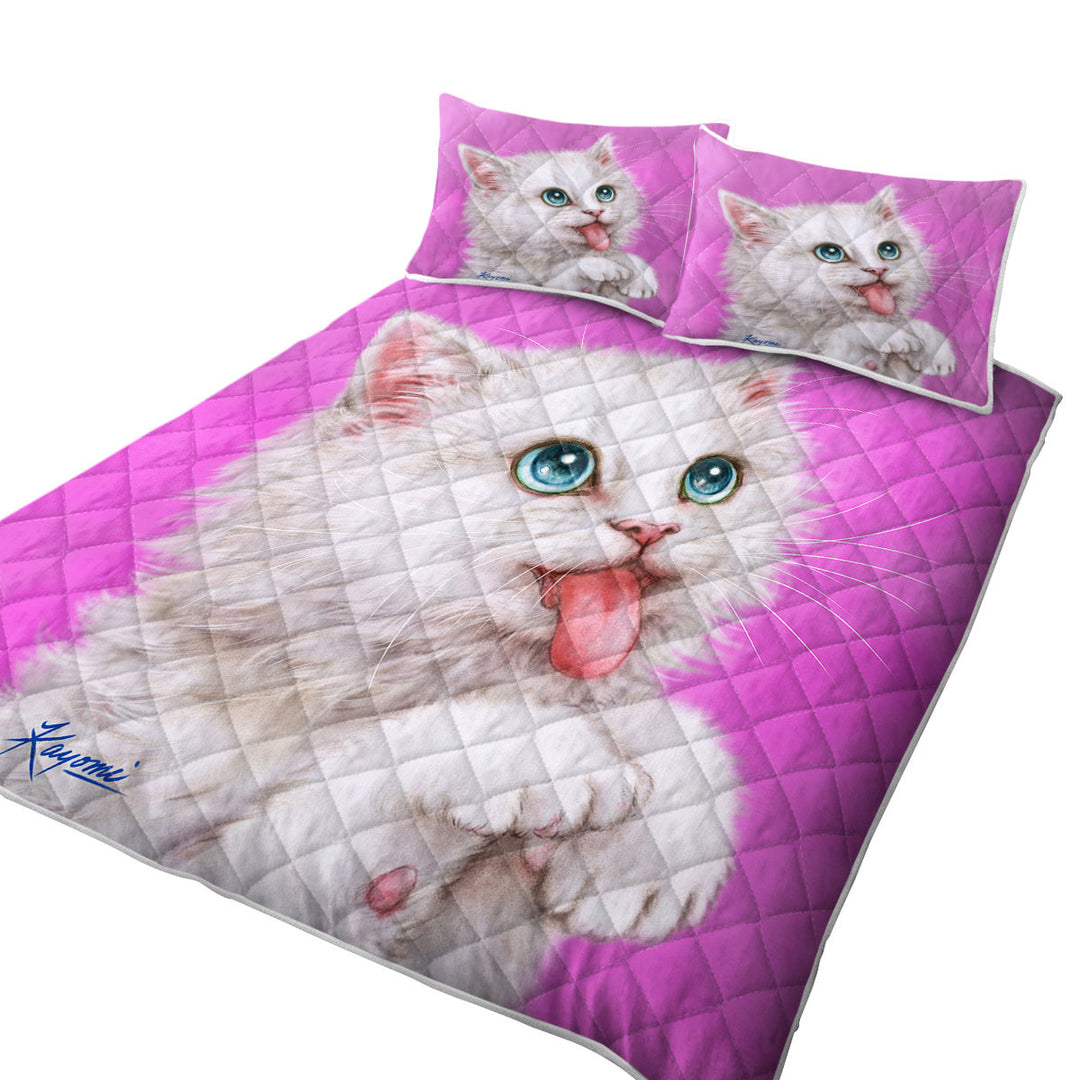 Funny Cats Hungry White Kitty Cat over Pink Twin Quilt
