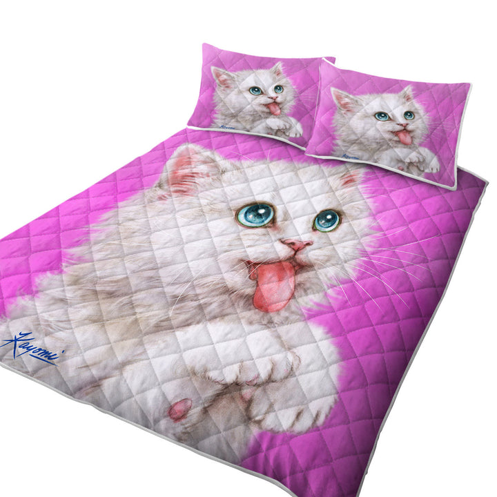 Funny Cats Hungry White Kitty Cat over Pink Twin Quilt