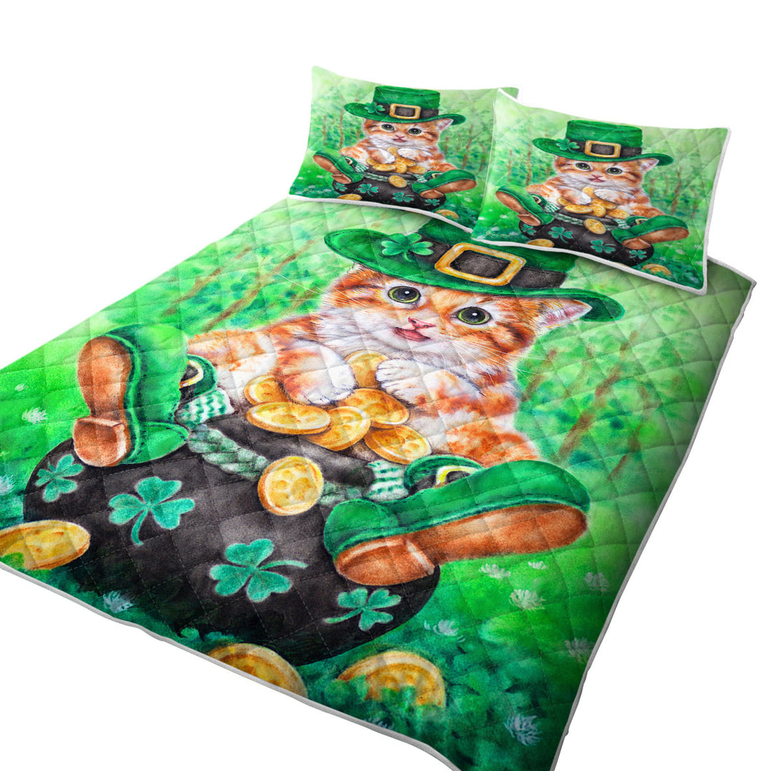 Funny Cats Irish Green Leprechaun Ginger Kitten Quilt