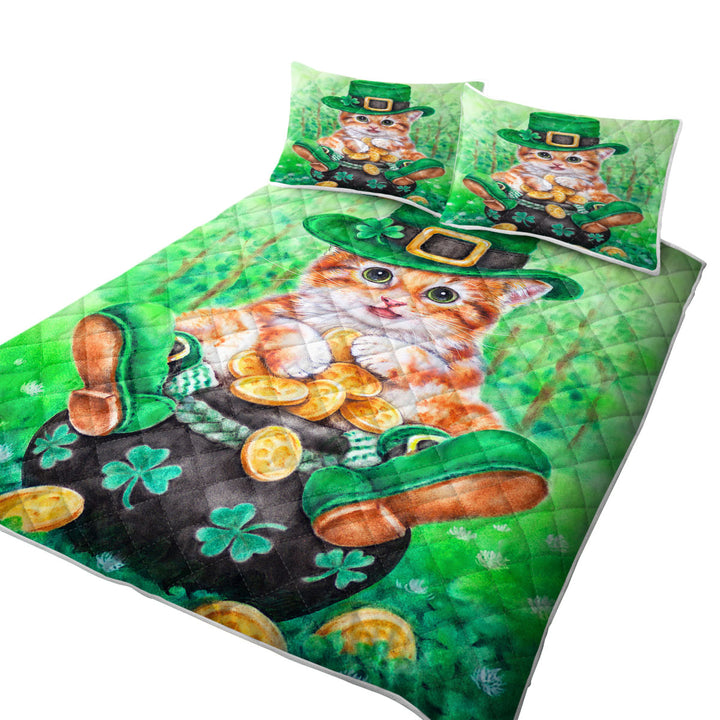 Funny Cats Irish Green Leprechaun Ginger Kitten Quilt