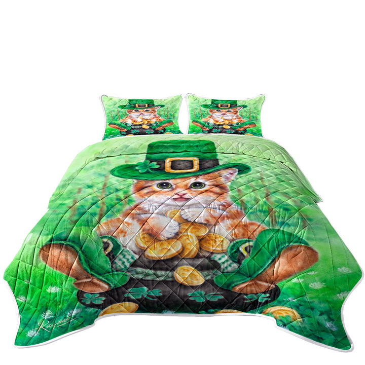 Funny Cats Irish Green Leprechaun Ginger Kitten Twin Quilt