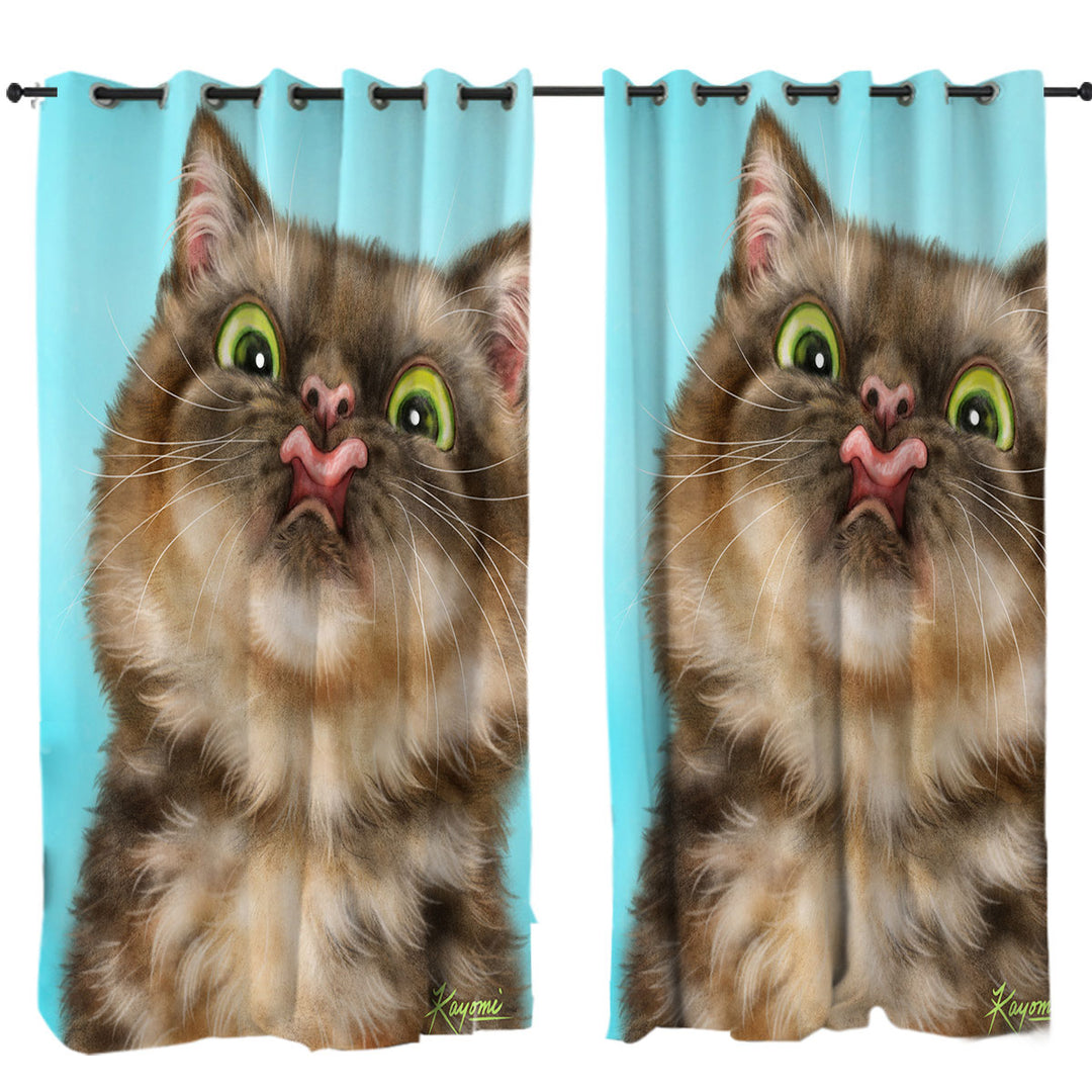 Funny Cats Licking Brown Tabby Kitty Cat Curtains for Bedroom