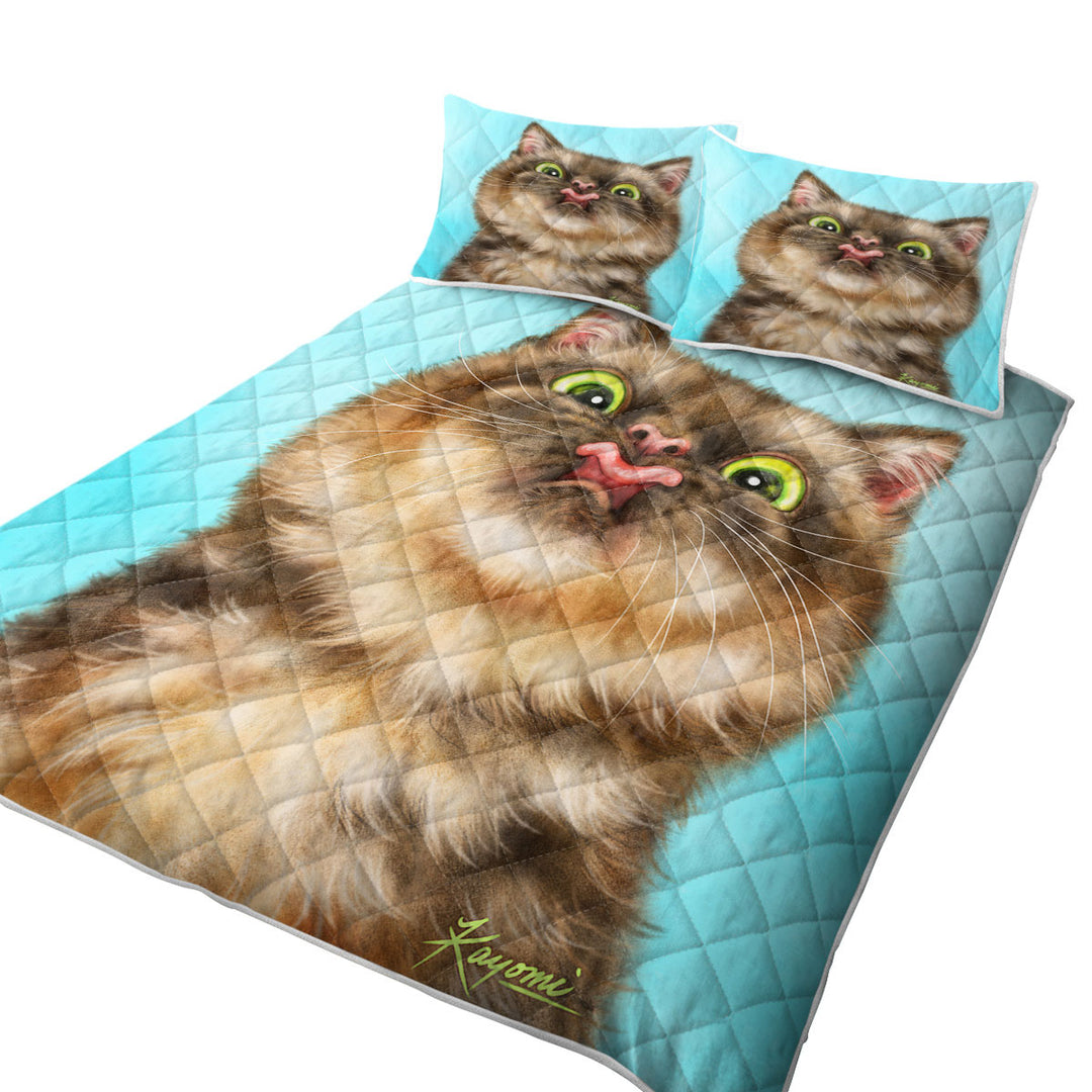 Funny Cats Licking Brown Tabby Kitty Cat Quilts