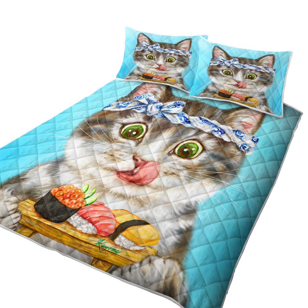 Funny Cats Paintings Sushi Lover Kitten Summer Quilt