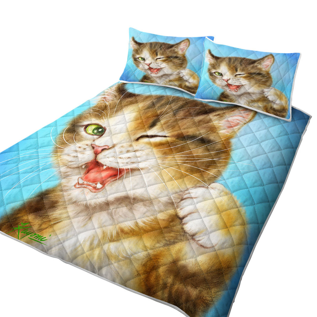 Funny Cats Winking Little Kitty King Quilt