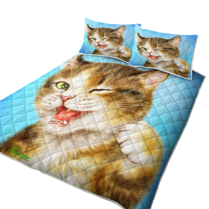 Funny Cats Winking Little Kitty King Quilt