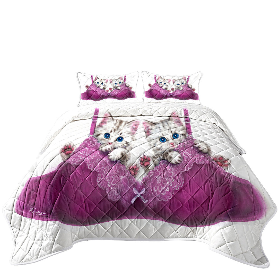 Funny Cats in Purple Bra Cute Grey Kittens Coverlet