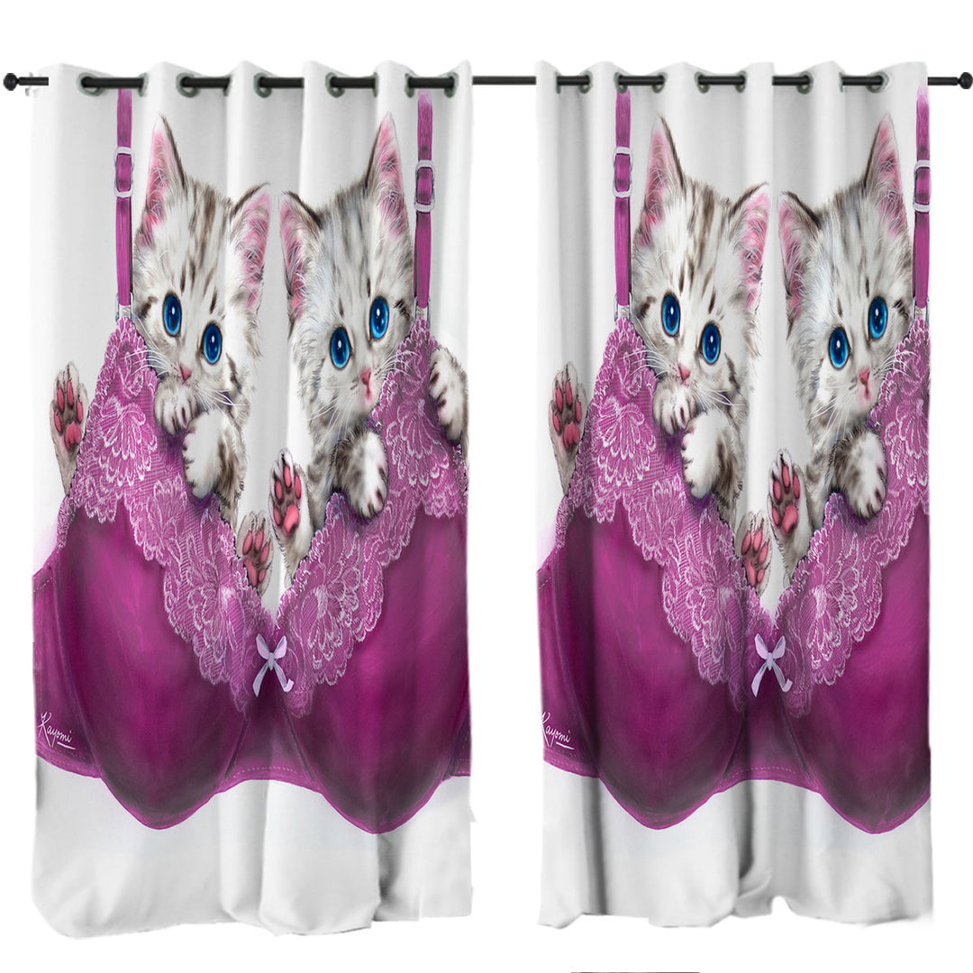 Funny Cats in Purple Bra Cute Grey Kittens Drapes and Curtains