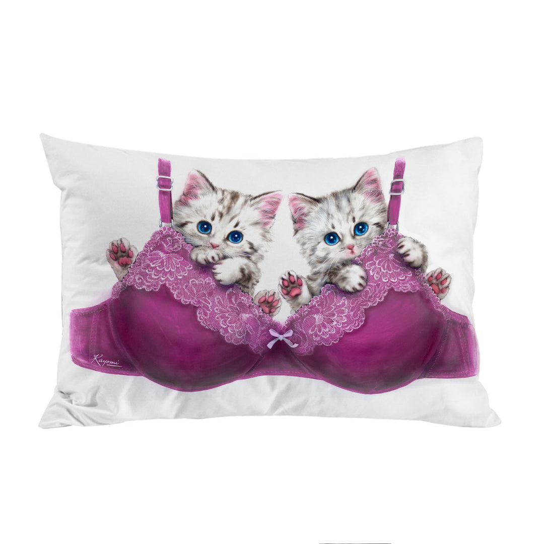 Funny Cats in Purple Bra Cute Grey Kittens Pillow Cases
