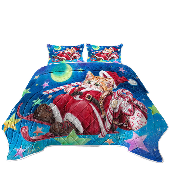 Funny Christmas Cats Skiing Kitten Santa Coverlet