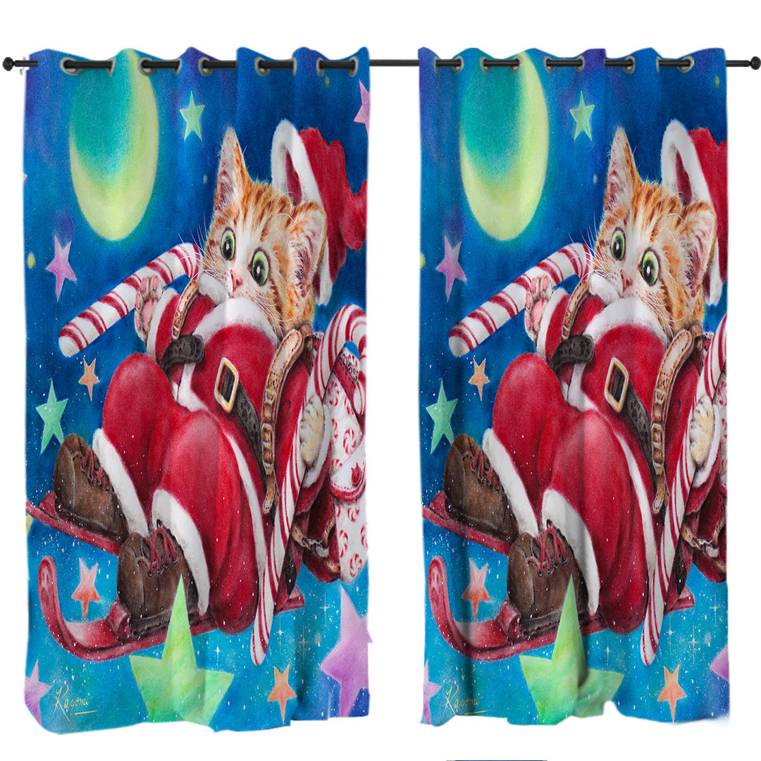 Funny Christmas Cats Skiing Kitten Santa Curtains