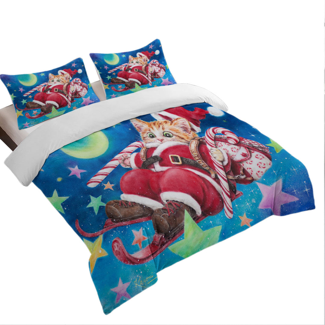 Funny Christmas Cats Skiing Kitten Santa Duvet Cover sale