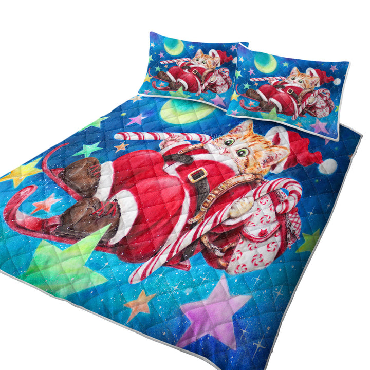 Funny Christmas Cats Skiing Kitten Santa Quilts