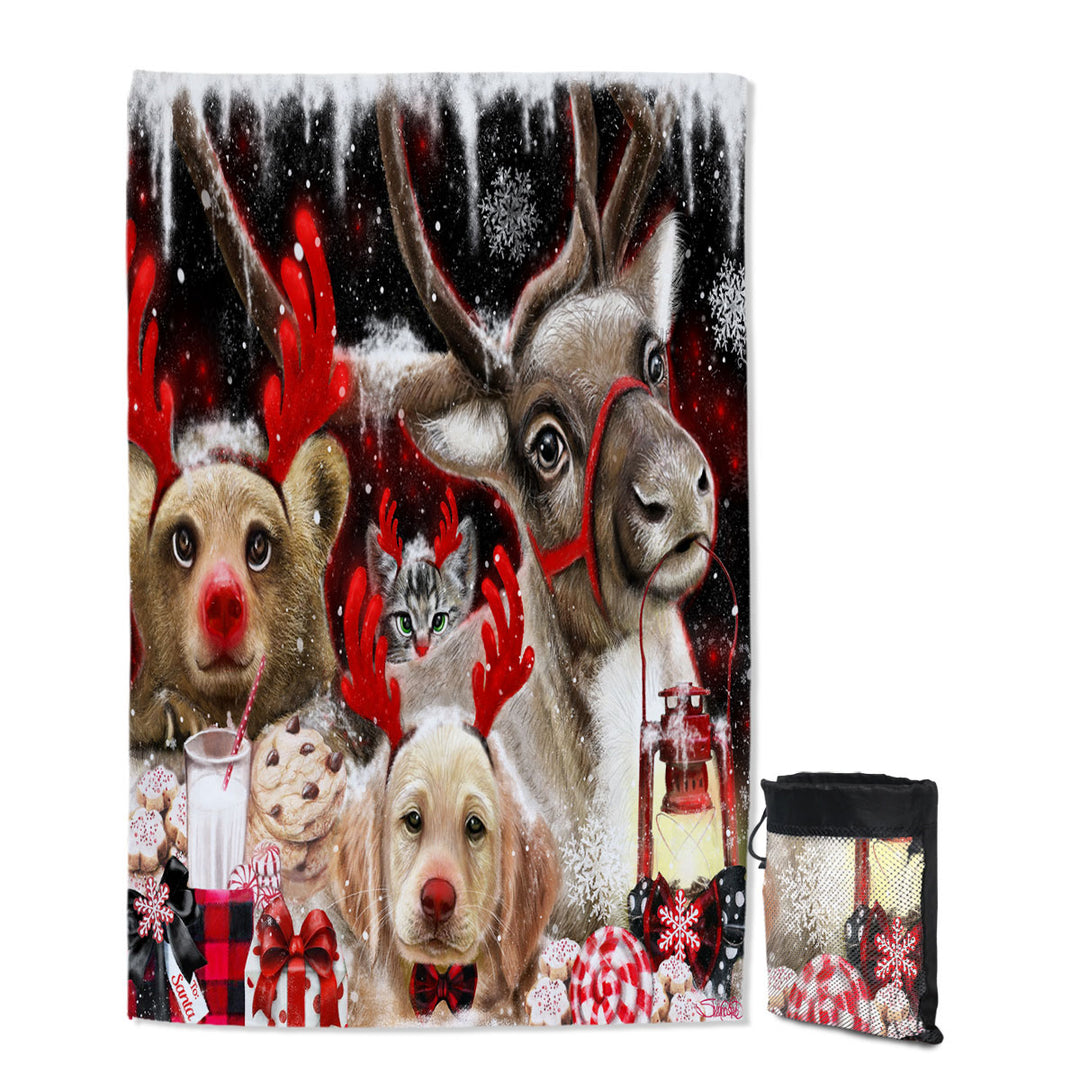 Funny Christmas Travel Beach Towel Santas Reindeer Animals