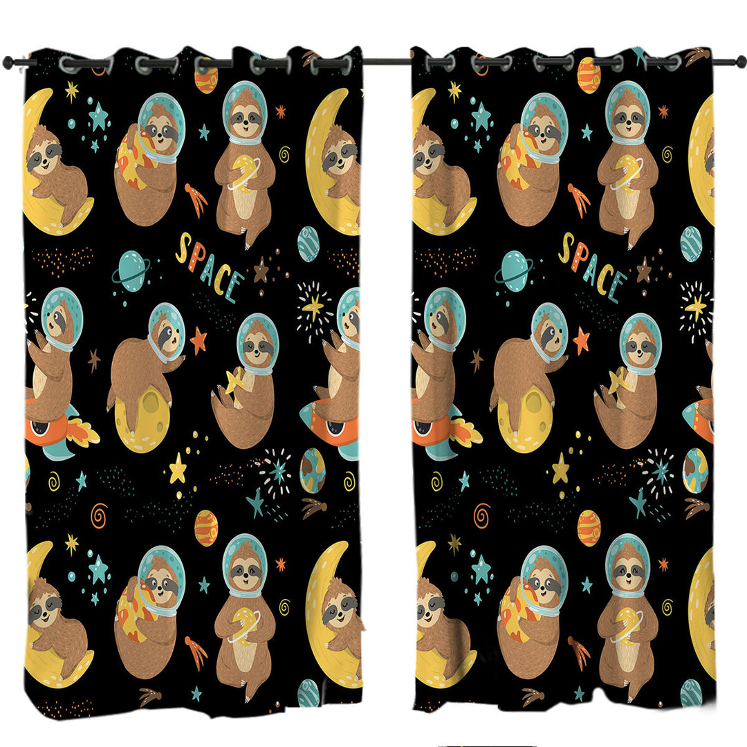 Funny Cool Sloth in Space Curtains for Bedroom