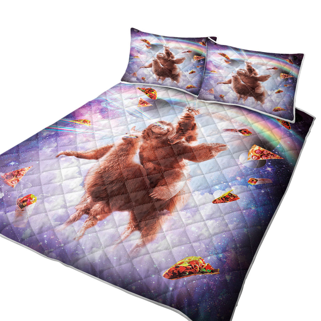 Funny Crazy Art Space Cat Riding a Sloth Riding a Llama King Size Bedspreads