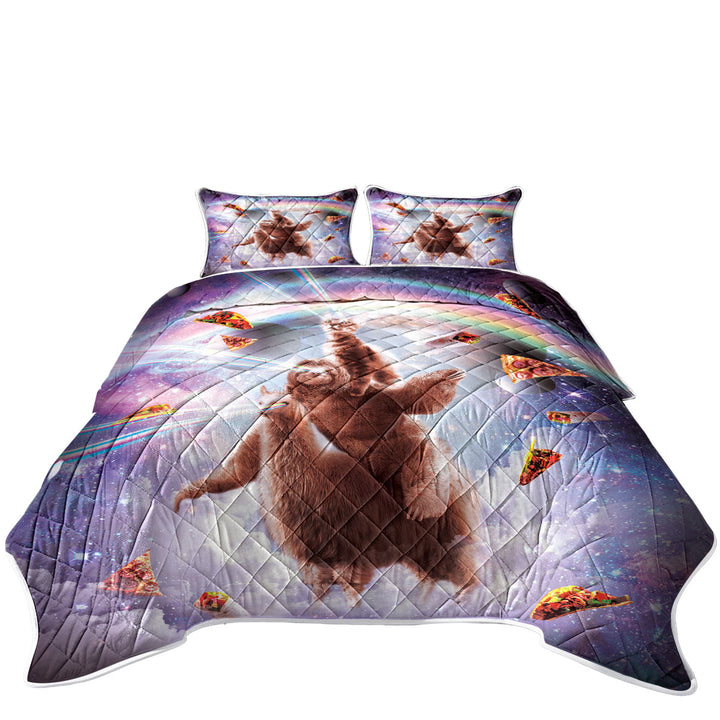 Funny Crazy Art Space Cat Riding a Sloth Riding a Llama Summer Quilt