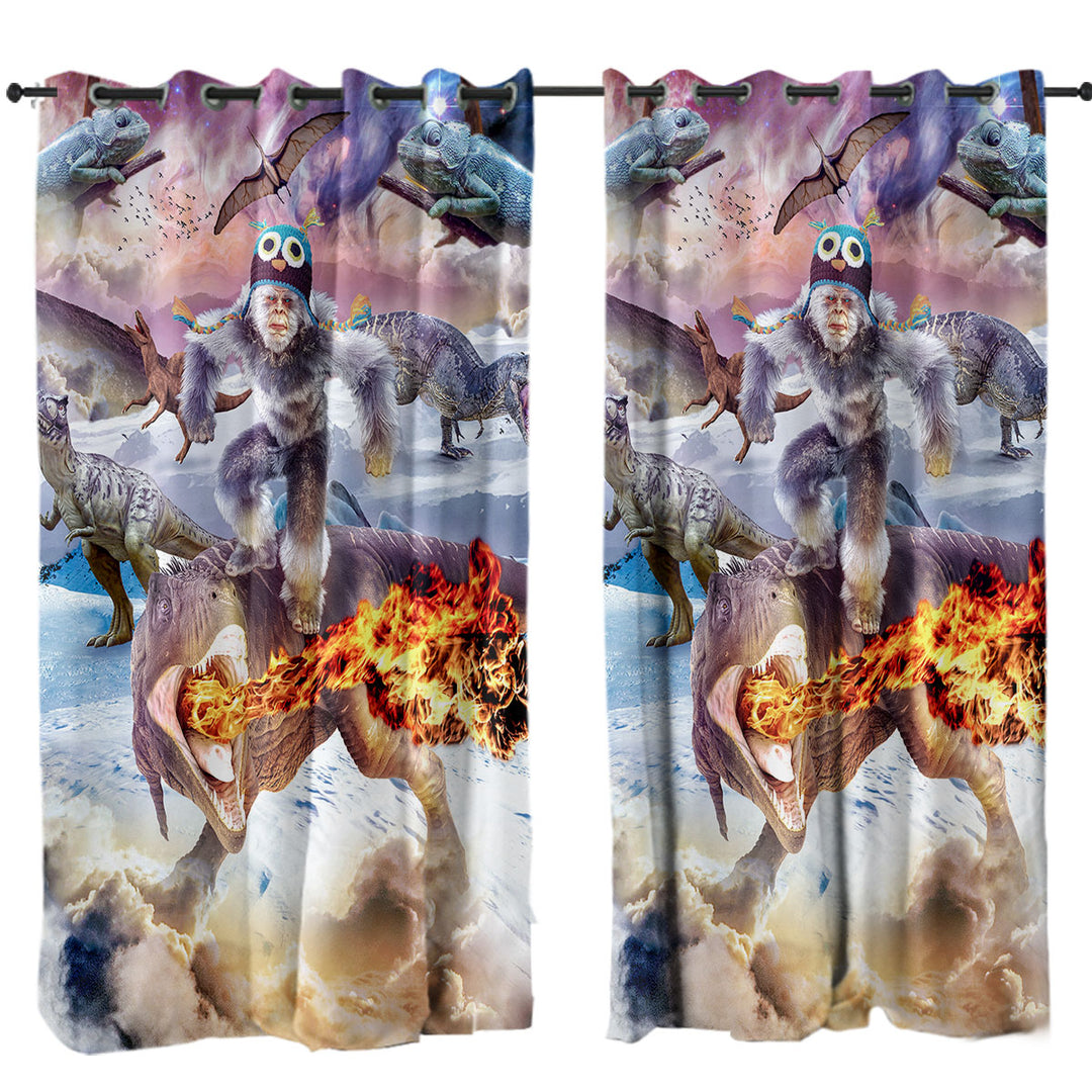 Funny Crazy Bigfoot Yeti Sasquatch Riding Dinosaur Made to Measure Curtains