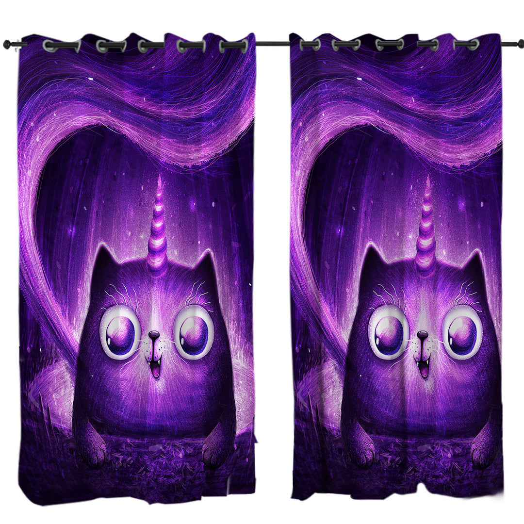 Funny Crazy Eyes Purple Unicorn Cat Curtains for Living Room