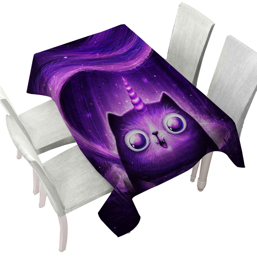 Funny Crazy Eyes Purple Unicorn Cat Tablecloth