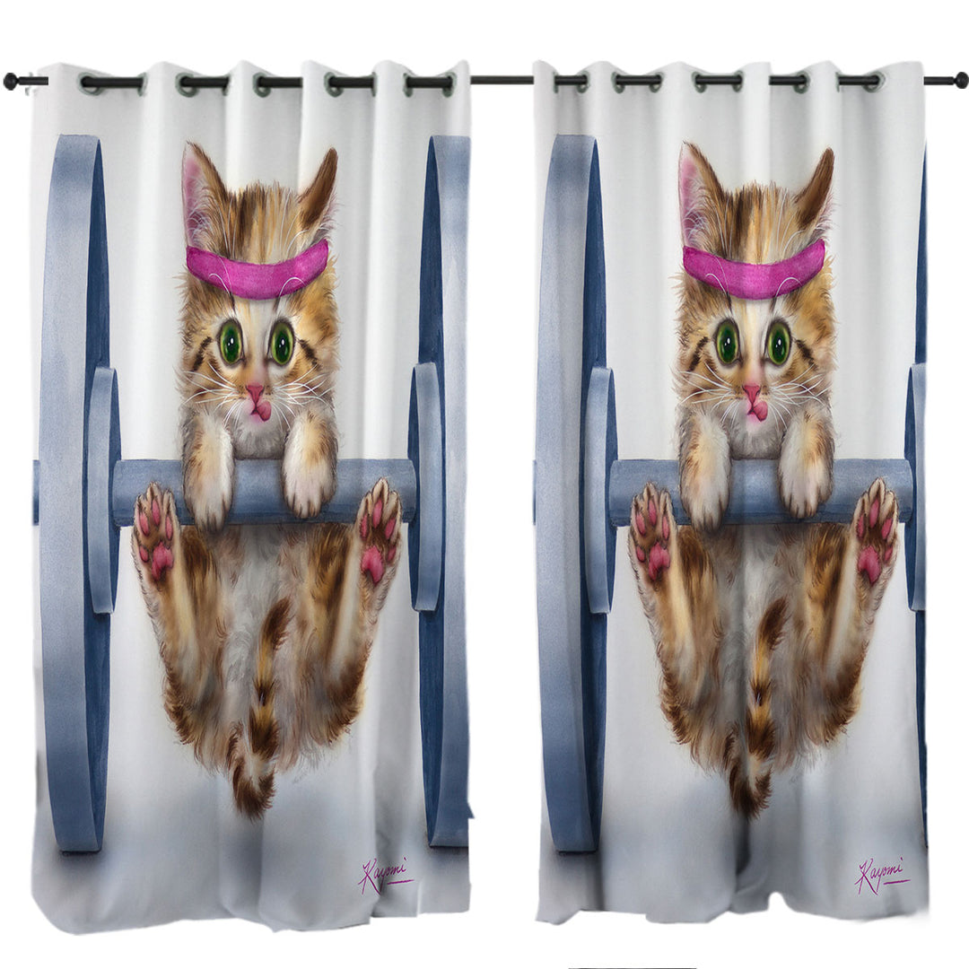 Funny Cute Cat Lifting Weights Kitten Drapes for Living Room