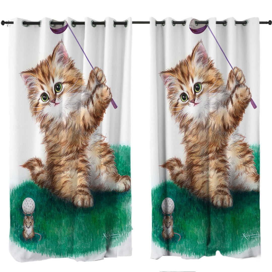 Funny Cute Cat Little Golfer Kitten Curtains for Bedroom