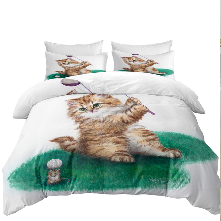Funny Cute Cat Little Golfer Kitten Quilt Cover