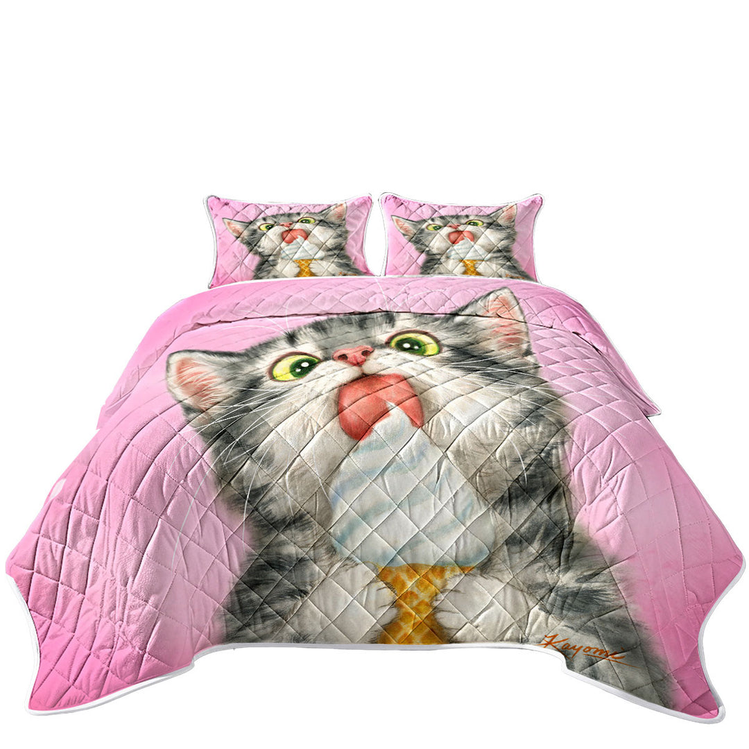 Funny Cute Cats Art Licking Ice Cream Kitten California King Quilt Sets