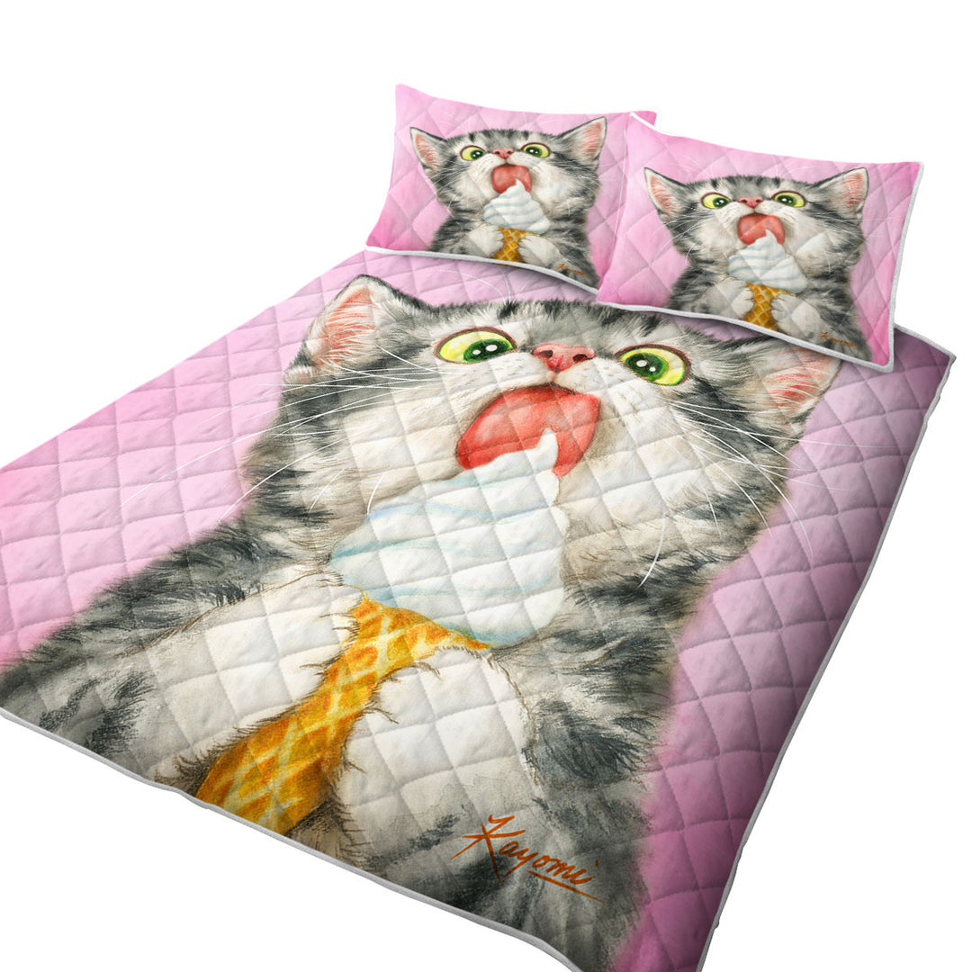 Funny Cute Cats Art Licking Ice Cream Kitten King Size Quilt Sets