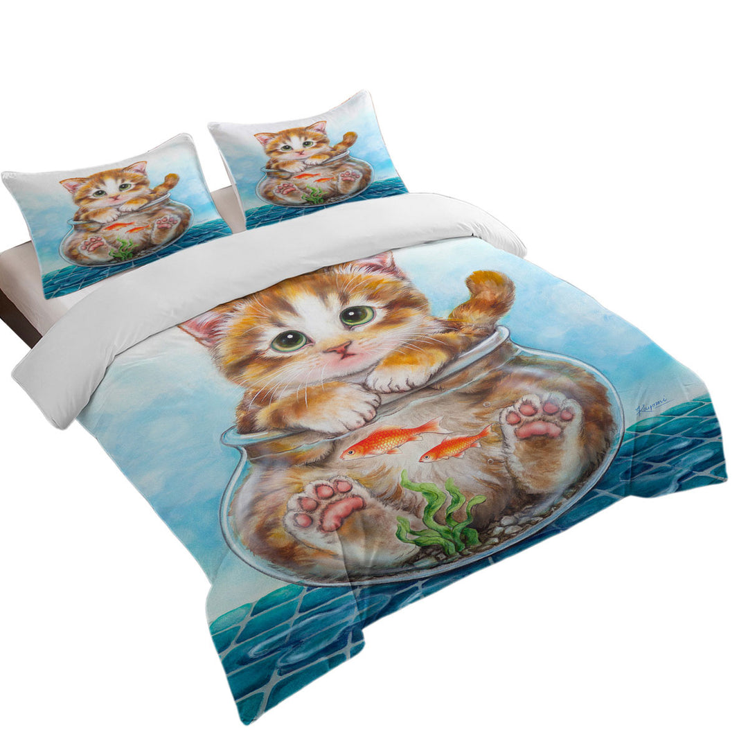 Funny Cute Cats Design Ginger Kitten in Fish Bowl Coverlet