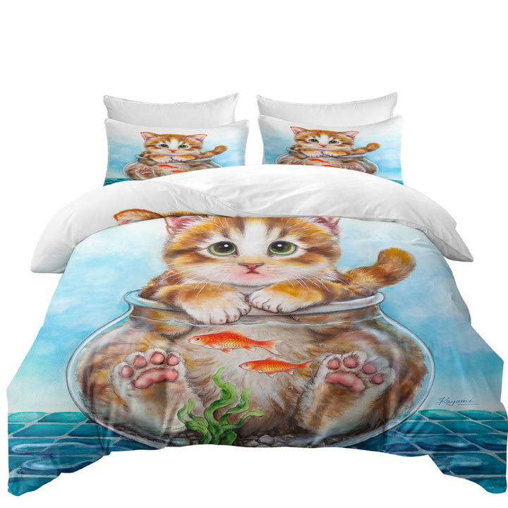 Funny Cute Cats Design Ginger Kitten in Fish Bowl Coverlets