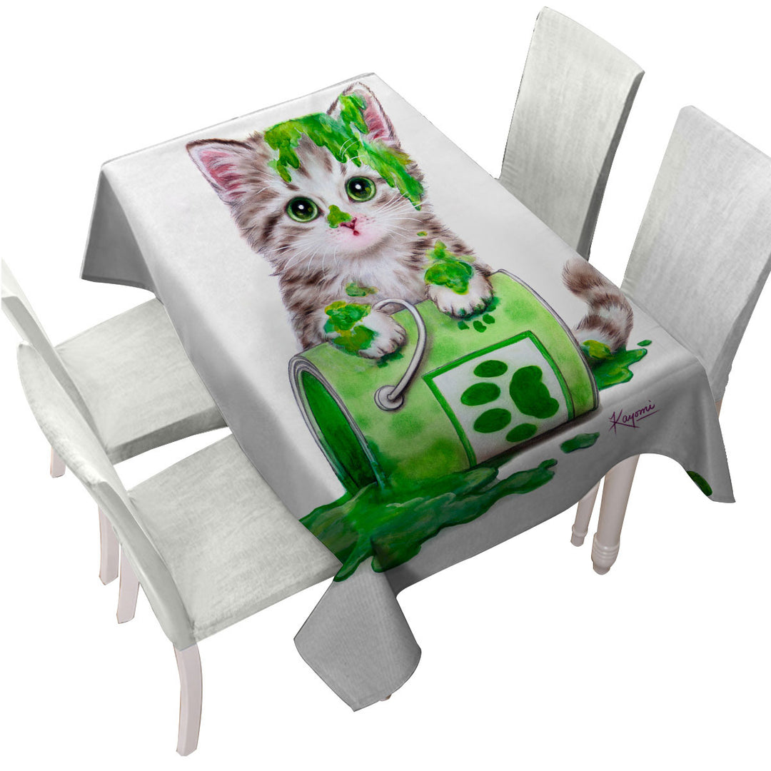 Funny Cute Cats Gone Green Tabby Kitten Tablecloth