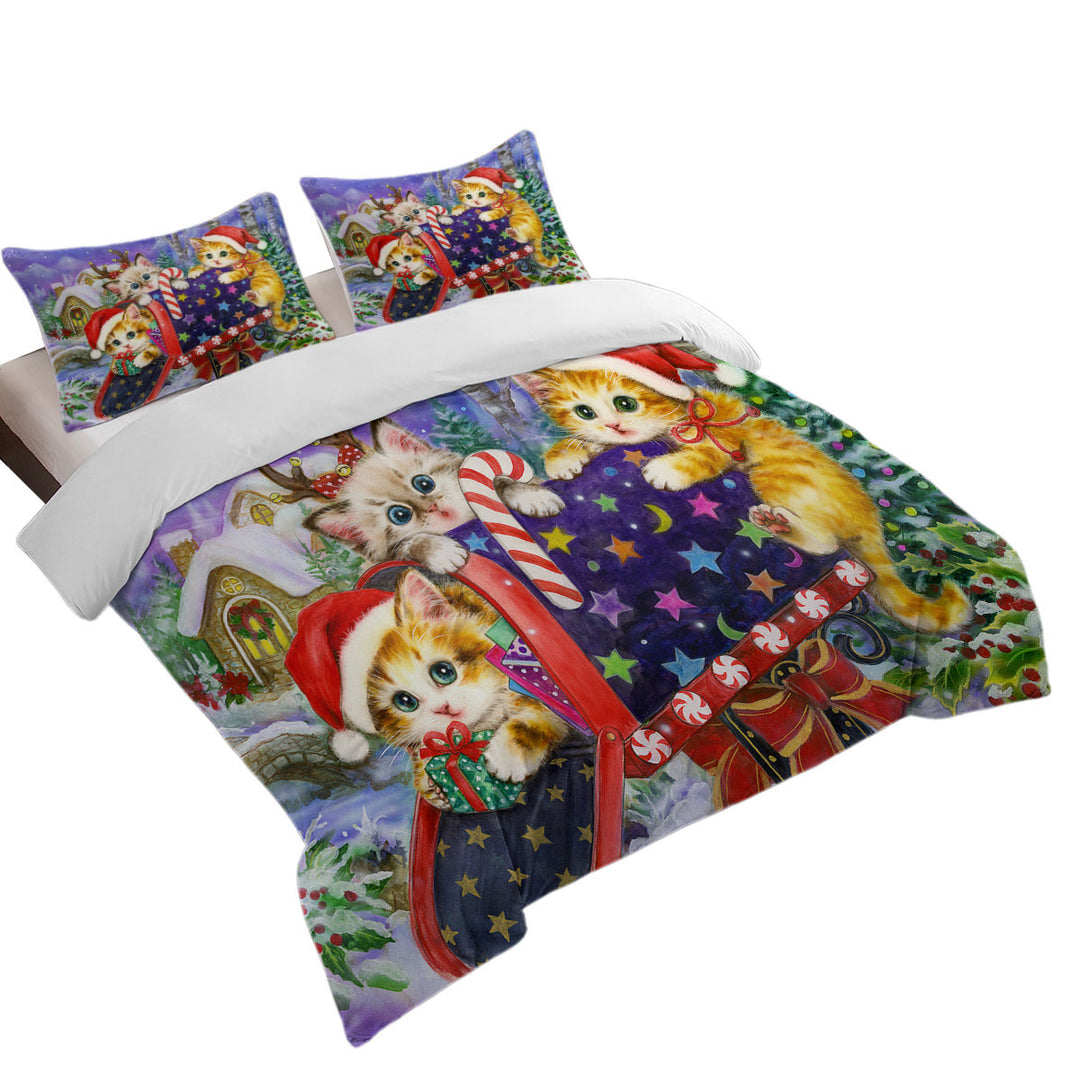 Funny Cute Christmas with Three Cats Kittens Coverlets