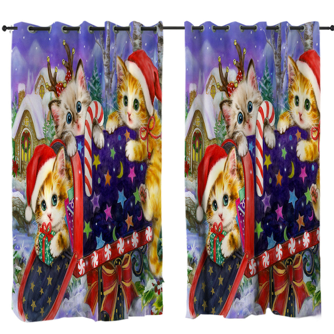 Funny Cute Christmas with Three Cats Kittens Curtains for Bedroom