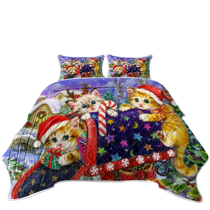 Funny Cute Christmas with Three Cats Kittens King Quilt