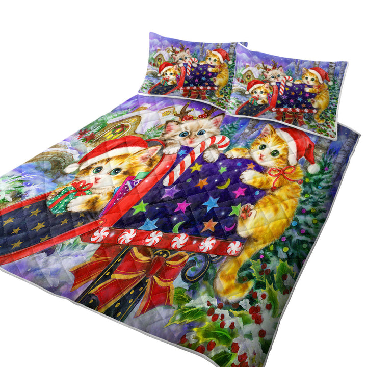 Funny Cute Christmas with Three Cats Kittens Quilts for sale