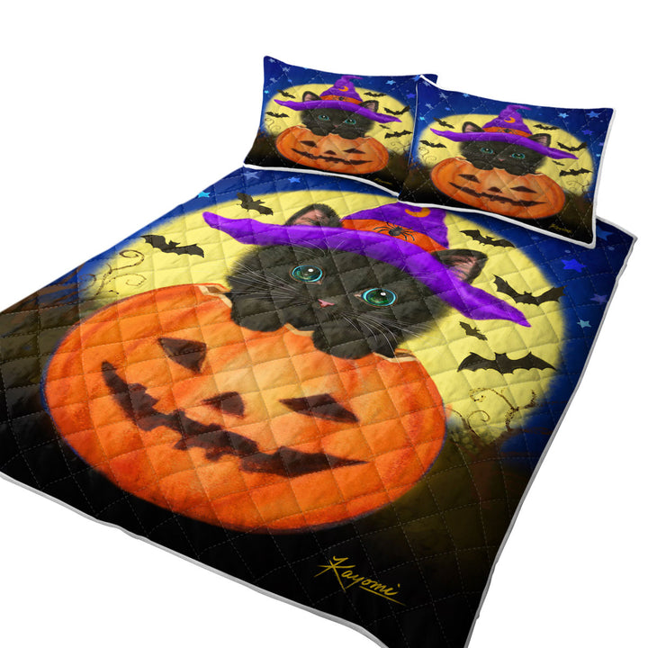Funny Cute Halloween Black Cat in Pumpkin California King Quilt Sets