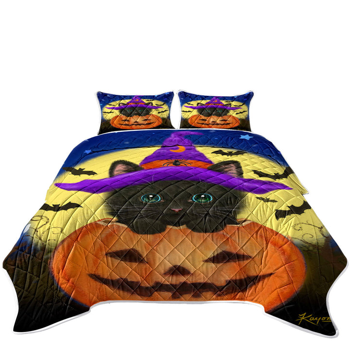 Funny Cute Halloween Black Cat in Pumpkin Quilt
